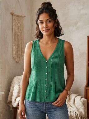 Maeve By Anthropologie Green Sleeveless Women's Rayon Blend Pintuck Top Small